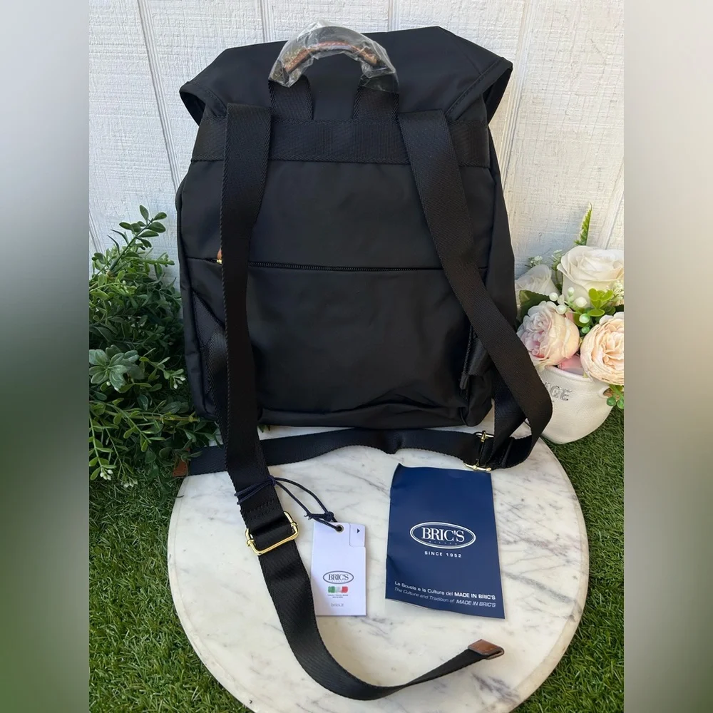 Bric's Black Nylon Backpack with Tan Leather Trim